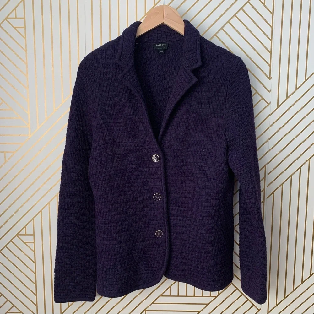Talbots 100% Merino Wool Tight knit cardigan button front button sleeve jacket L - Picture 9 of 9